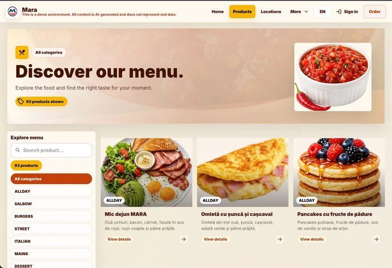 Mara demo restaurant website showing a searchable menu, categories and product cards.