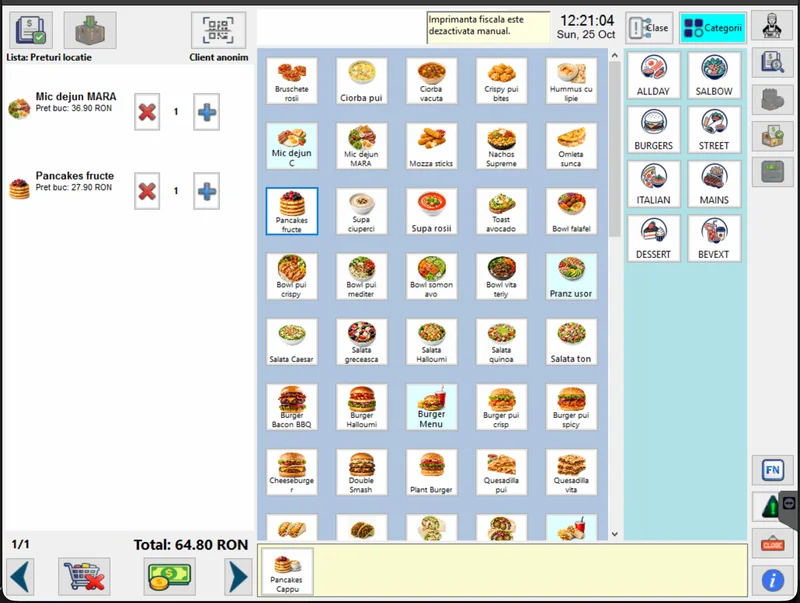 SalesApp POS showing menu products, an order with two items and its total.